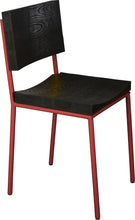 Load image into Gallery viewer, Crimson red metal chair with black stain ash wood made in UK - angle view round frame