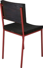 Load image into Gallery viewer, Crimson red metal chair with black stain ash wood made in UK - back side view round frame