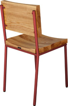 Load image into Gallery viewer, Crimson red metal chair with natural stain ash wood made in UK - back side view round frame