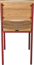 Load image into Gallery viewer, Crimson red metal chair with natural stain ash wood made in UK - back view round frame