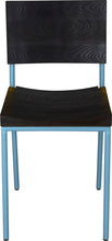 Load image into Gallery viewer, Duck-egg blue metal chair with black stain ash wood made in UK - front view round frame