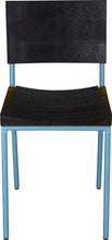 Load image into Gallery viewer, Duck-egg blue metal chair with black stain ash wood made in UK - front view round frame