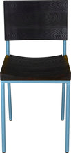 Load image into Gallery viewer, Duck-egg blue metal chair with black stain ash wood made in UK - front view round frame