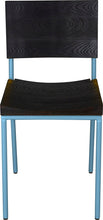 Load image into Gallery viewer, Duck-egg blue metal chair with black stain ash wood made in UK - front view round frame