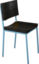 Load image into Gallery viewer, Duck-egg blue metal chair with black stain ash wood made in UK - angle view round frame