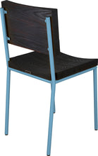 Load image into Gallery viewer, Duck-egg blue metal chair with black stain ash wood made in UK - back side view round frame