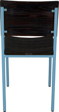 Load image into Gallery viewer, Duck-egg blue metal chair with black stain ash wood made in UK - back view round frame