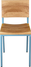 Load image into Gallery viewer, Duck-egg blue metal chair with natural stain ash wood made in UK - front view round frame