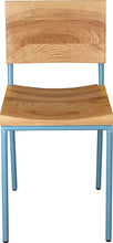 Load image into Gallery viewer, Duck-egg blue metal chair with natural stain ash wood made in UK - front view round frame