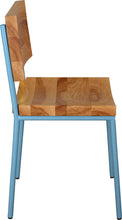 Load image into Gallery viewer, Duck-egg blue metal chair with natural stain ash wood made in UK - side view round frame