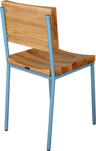 Load image into Gallery viewer, Duck-egg blue metal chair with natural stain ash wood made in UK - back side view round frame