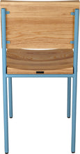 Load image into Gallery viewer, Duck-egg blue metal chair with natural stain ash wood made in UK - back view round frame