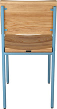 Load image into Gallery viewer, Duck-egg blue metal chair with natural stain ash wood made in UK - back view round frame