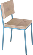 Load image into Gallery viewer, Duck-egg blue metal chair with whitewash stain ash wood made in UK - angle view round frame