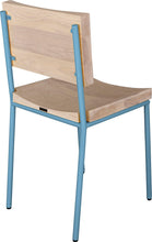 Load image into Gallery viewer, Duck-egg blue metal chair with whitewash stain ash wood made in UK - back side view round frame