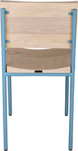 Load image into Gallery viewer, Duck-egg blue metal chair with whitewash stain ash wood made in UK - back view round frame