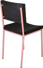 Load image into Gallery viewer, Pink metal chair with black stain ash wood made in UK - back side view round frame