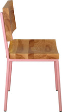 Load image into Gallery viewer, Pink metal chair with natural stain ash wood made in UK - side view round frame
