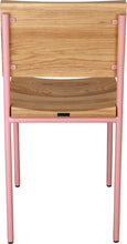 Load image into Gallery viewer, Pink metal chair with natural stain ash wood made in UK - back view round frame