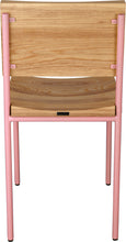 Load image into Gallery viewer, Pink metal chair with natural stain ash wood made in UK - back view round frame