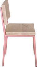 Load image into Gallery viewer, Pink metal chair with whitewash stain ash wood made in UK - side view round frame
