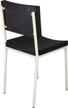 Load image into Gallery viewer, Gloss white metal chair with black stain ash wood made in UK - back side view round frame