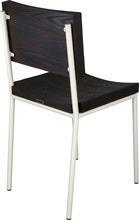 Load image into Gallery viewer, Gloss white metal chair with black stain ash wood made in UK - back side view round frame