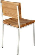 Load image into Gallery viewer, Gloss white metal chair with natural stain ash wood made in UK - back side view round frame
