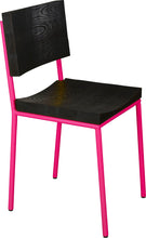 Load image into Gallery viewer, Hot pink metal chair with black stain ash wood made in UK - angle view round frame