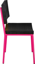 Load image into Gallery viewer, Hot pink metal chair with black stain ash wood made in UK - side view round frame