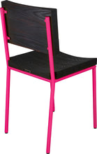 Load image into Gallery viewer, Hot pink metal chair with black stain ash wood made in UK - back side view round frame