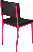 Load image into Gallery viewer, Hot pink metal chair with black stain ash wood made in UK - back side view round frame