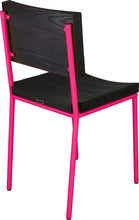 Load image into Gallery viewer, Hot pink metal chair with black stain ash wood made in UK - back side view round frame
