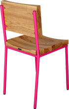 Load image into Gallery viewer, Hot pink metal chair with natural stain ash wood made in UK - back side view round frame