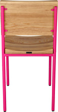 Load image into Gallery viewer, Hot pink metal chair with natural stain ash wood made in UK - back view round frame