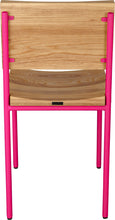 Load image into Gallery viewer, Hot pink metal chair with natural stain ash wood made in UK - back view round frame