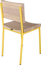 Load image into Gallery viewer, Yellow metal chair with whitewash stain ash wood made in UK - back side view round frame