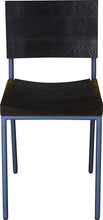 Load image into Gallery viewer, Blue chair metal with black stain ash wood made in UK - front view round frame