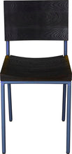 Load image into Gallery viewer, Blue chair metal with black stain ash wood made in UK - front view round frame