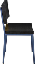 Load image into Gallery viewer, Blue chair metal with black stain ash wood made in UK - side view round frame