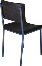 Load image into Gallery viewer, Blue chair metal with black stain ash wood made in UK - back side view round frame