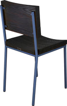 Load image into Gallery viewer, Blue chair metal with black stain ash wood made in UK - back side view round frame