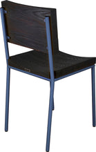 Load image into Gallery viewer, Blue chair metal with black stain ash wood made in UK - back side view round frame