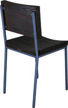 Load image into Gallery viewer, Blue chair metal with black stain ash wood made in UK - back side view round frame