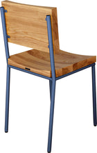 Load image into Gallery viewer, Blue chair metal with natural stain ash wood made in UK - back side view round frame