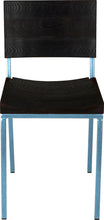 Load image into Gallery viewer, Dung-egg blue metal chair with black stain ash wood made in UK - front view square frame