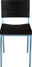 Load image into Gallery viewer, Dung-egg blue metal chair with black stain ash wood made in UK - front view square frame