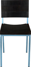 Load image into Gallery viewer, Dung-egg blue metal chair with black stain ash wood made in UK - front view square frame