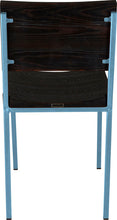 Load image into Gallery viewer, Dung-egg blue metal chair with black stain ash wood made in UK - back view square frame