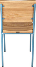 Load image into Gallery viewer, Dung-egg blue metal chair with natural stain ash wood made in UK - back view square frame